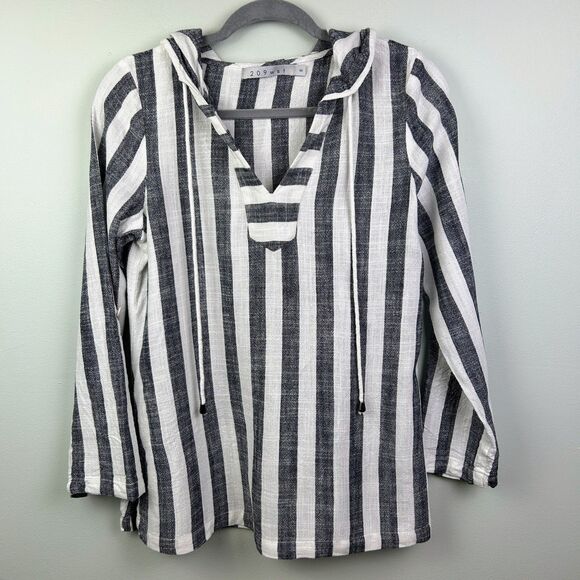 209 wst 38 Linen Cotton Top White Grey Stripes Drawstring Hoodie Blouse sz 6 EUC - Picture 1 of 11